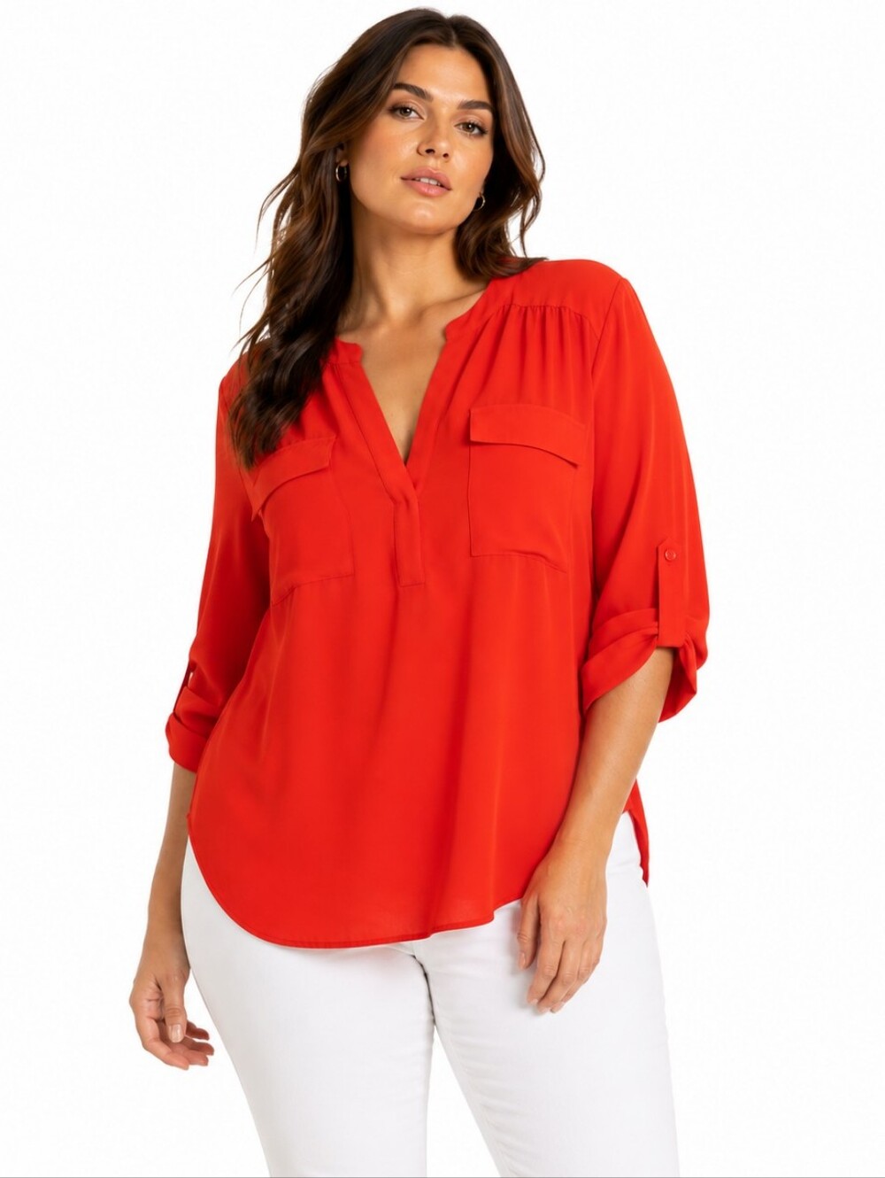 New Torrid Size 1 1X Red Blouse Tunic Top Satin Silky Roll Tab Sleeve Popover
